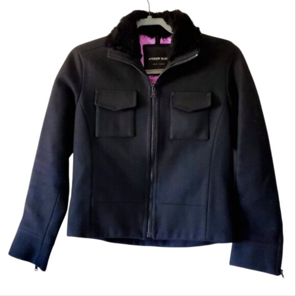 Andrew Marc Wool Mob Wife Zip Fur Collar Satin Lining Moto Bomber Jacket S - Picture 1 of 6